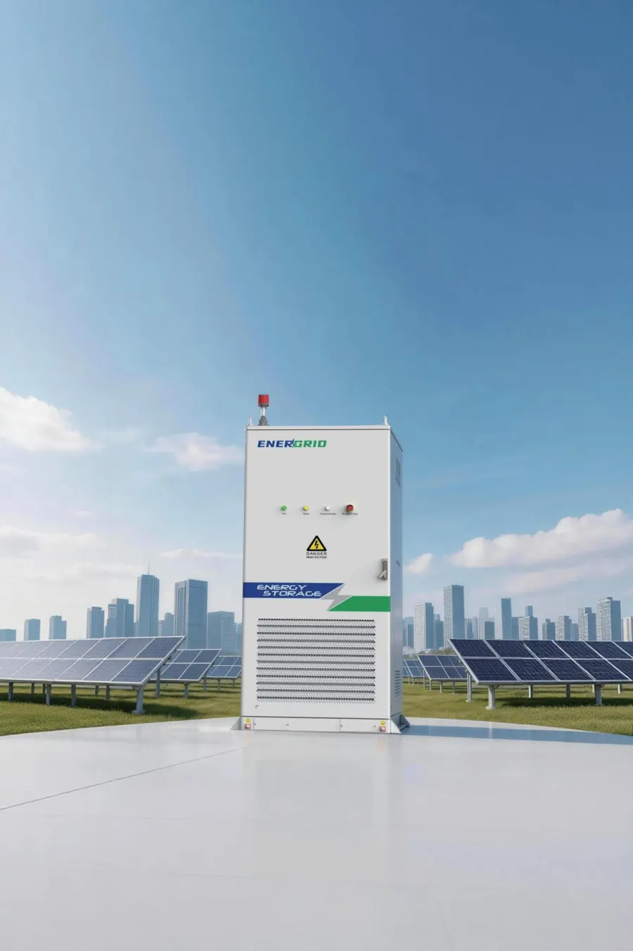 ENERGRID M261 σε λευκή βάση, με φωτοβολταϊκά πάνελ και αστικό ορίζοντα στο βάθος.